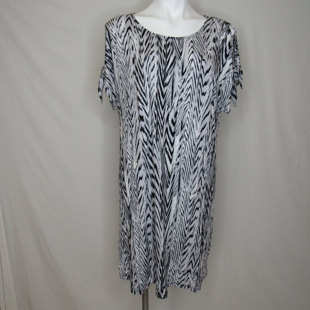 Calvin Klein Black White Casual Shift Dress Colf Shoulder Women's L Large
